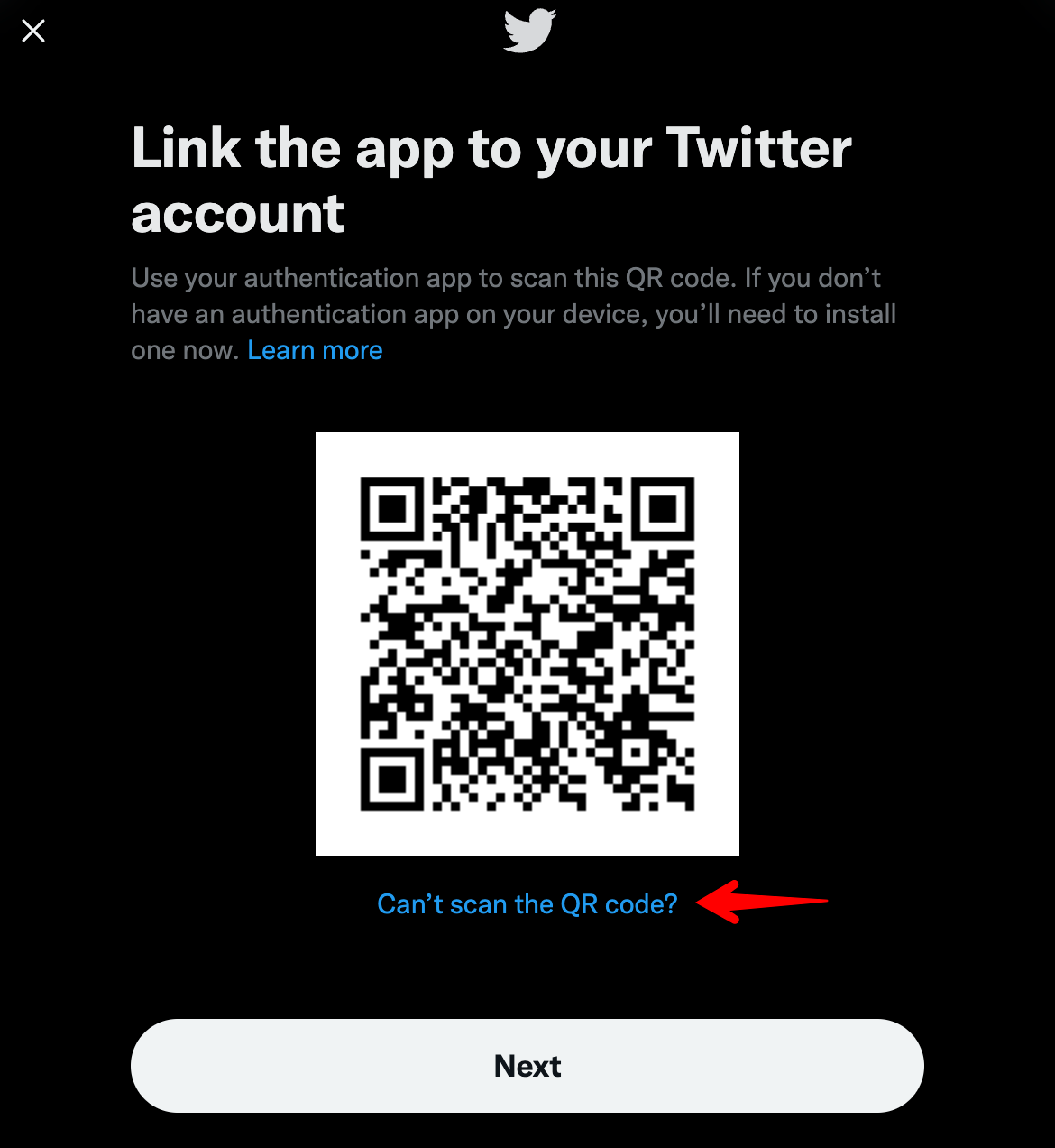 A modal titled “Link the app to your Twitter account” with an arrow pointing to a “Can’t scan the QR code?” link