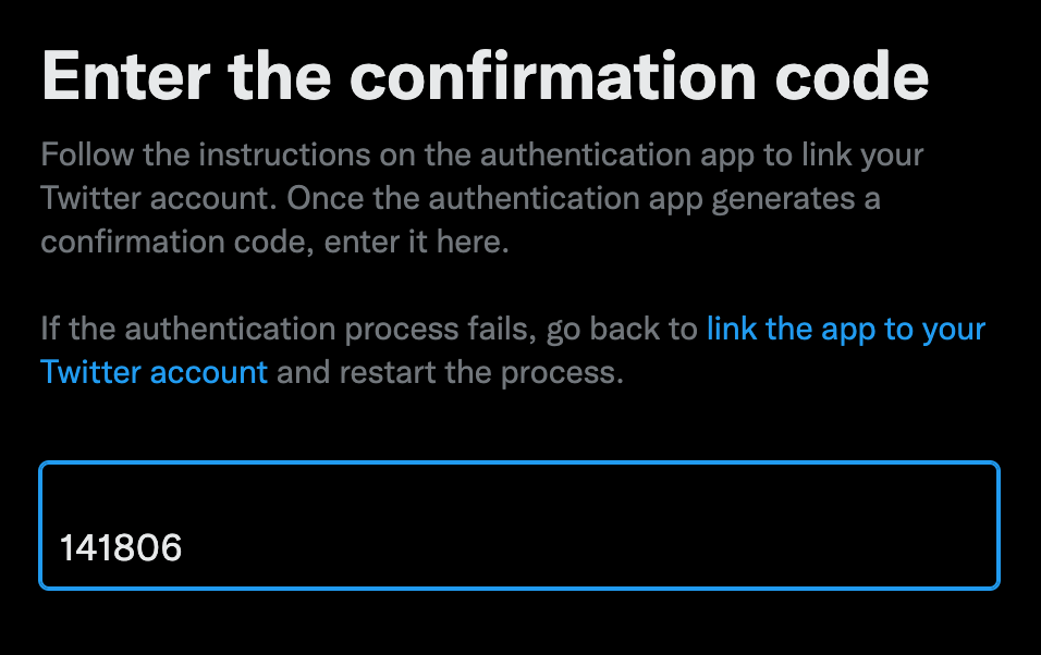 A form titled “Enter the confirmation code” with a six-digit code from above entered