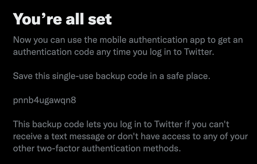 A success message titled “You’re all set” with a single-use backup code