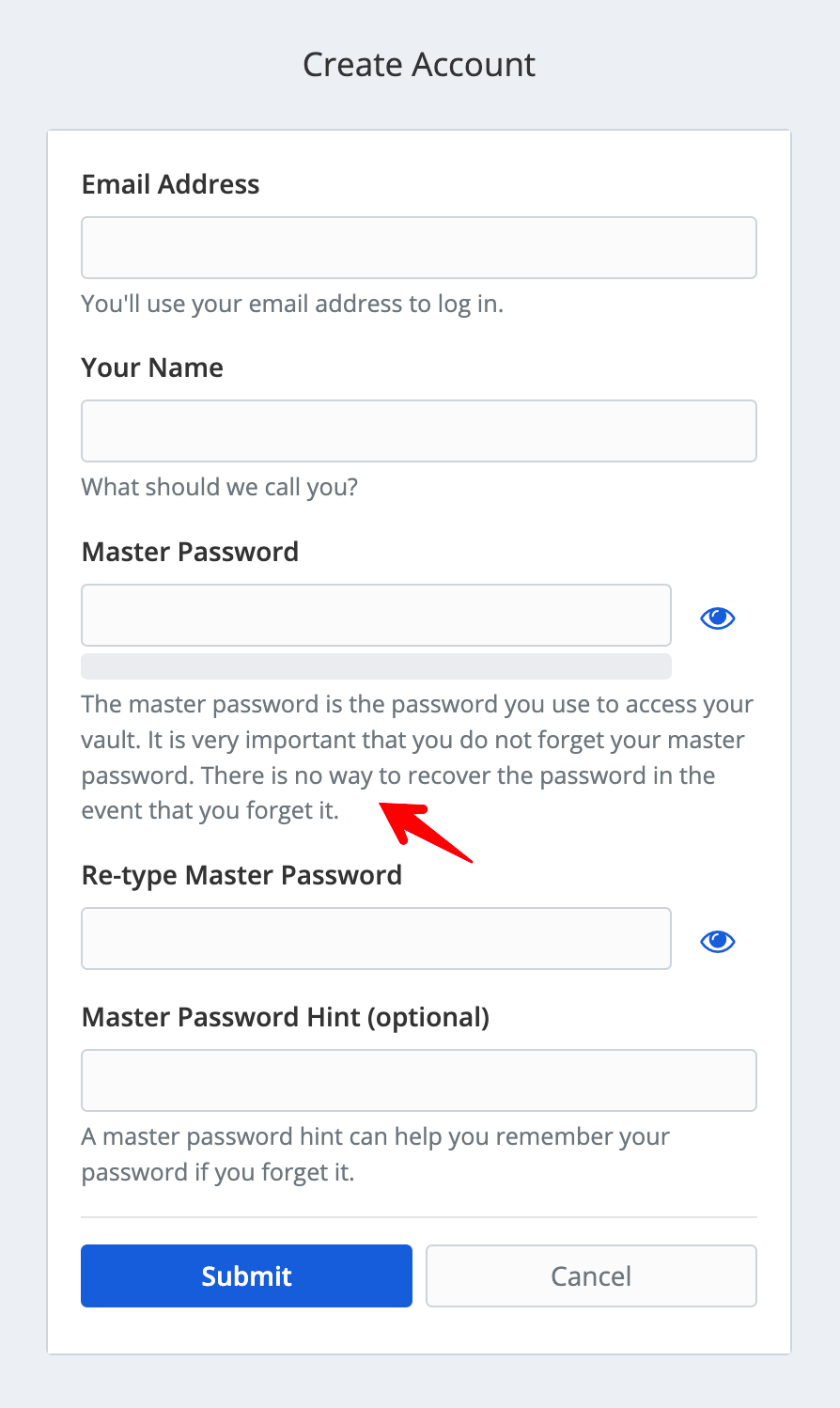 A screenshot of a Create Account form with an arrow pointing at the master password warning