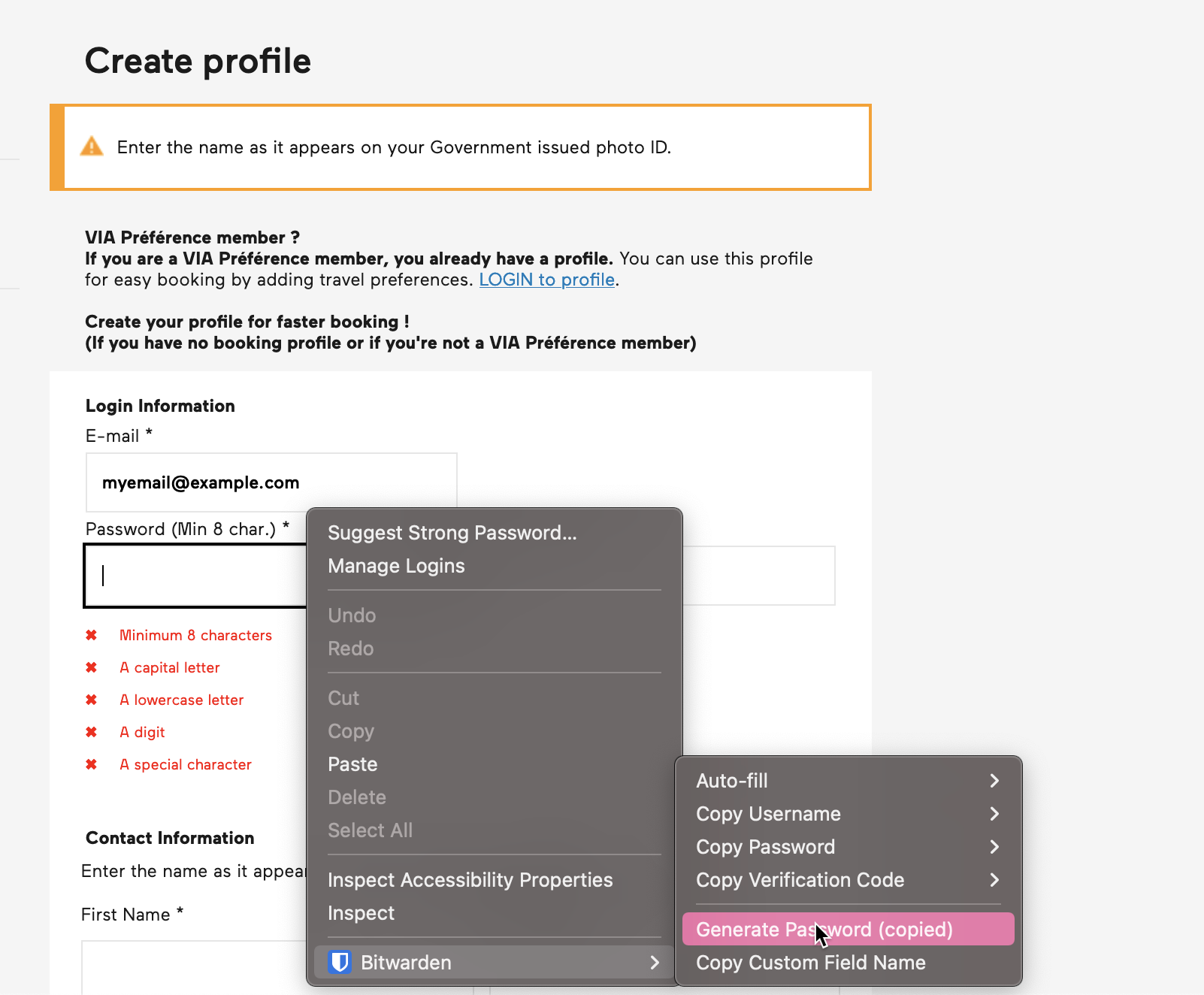 A create profile form with a contextual menu showing beside the password field, the “Generate Password” menu item is highlighted