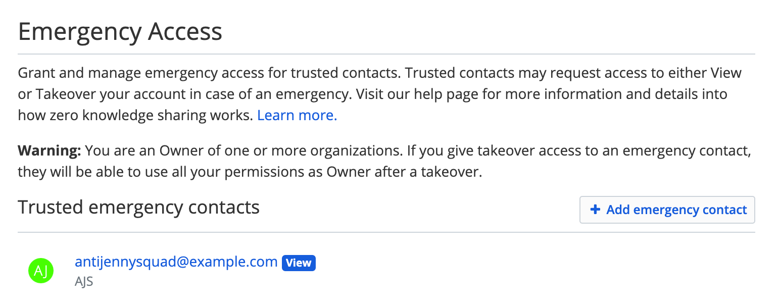 The Emergency Access option with explanation and one trusted contact