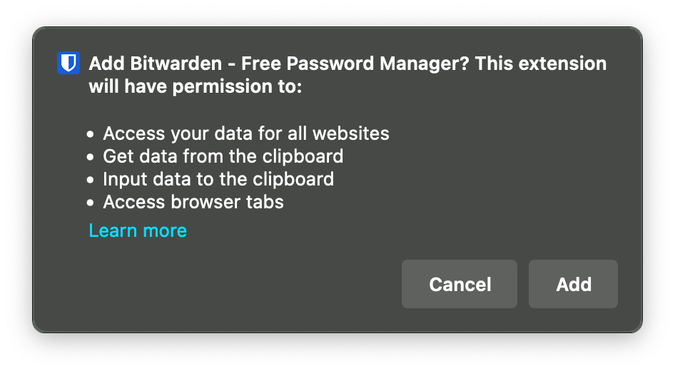 A dialogue warning about all the permissions the Bitwarden password manager extension has