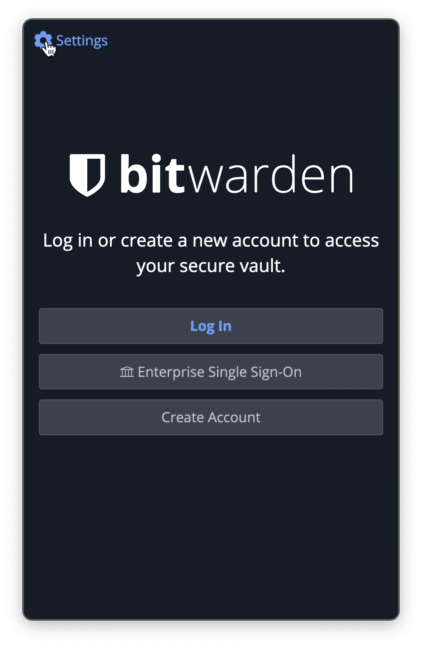 The Bitwarden extension home screen with the cursor hovering over the Settings link