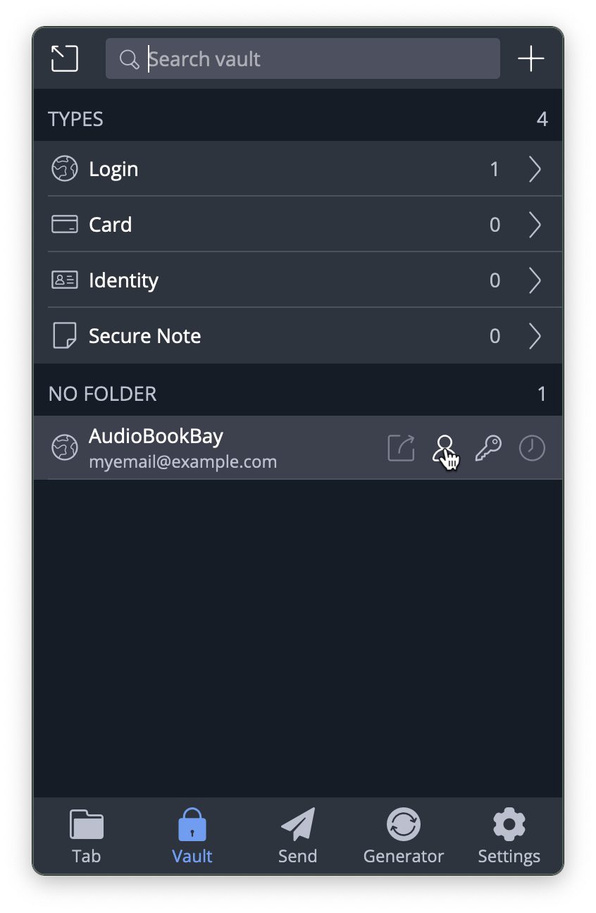 The Bitwarden vault screen with a single account in “No Folder”: AudioBookBay