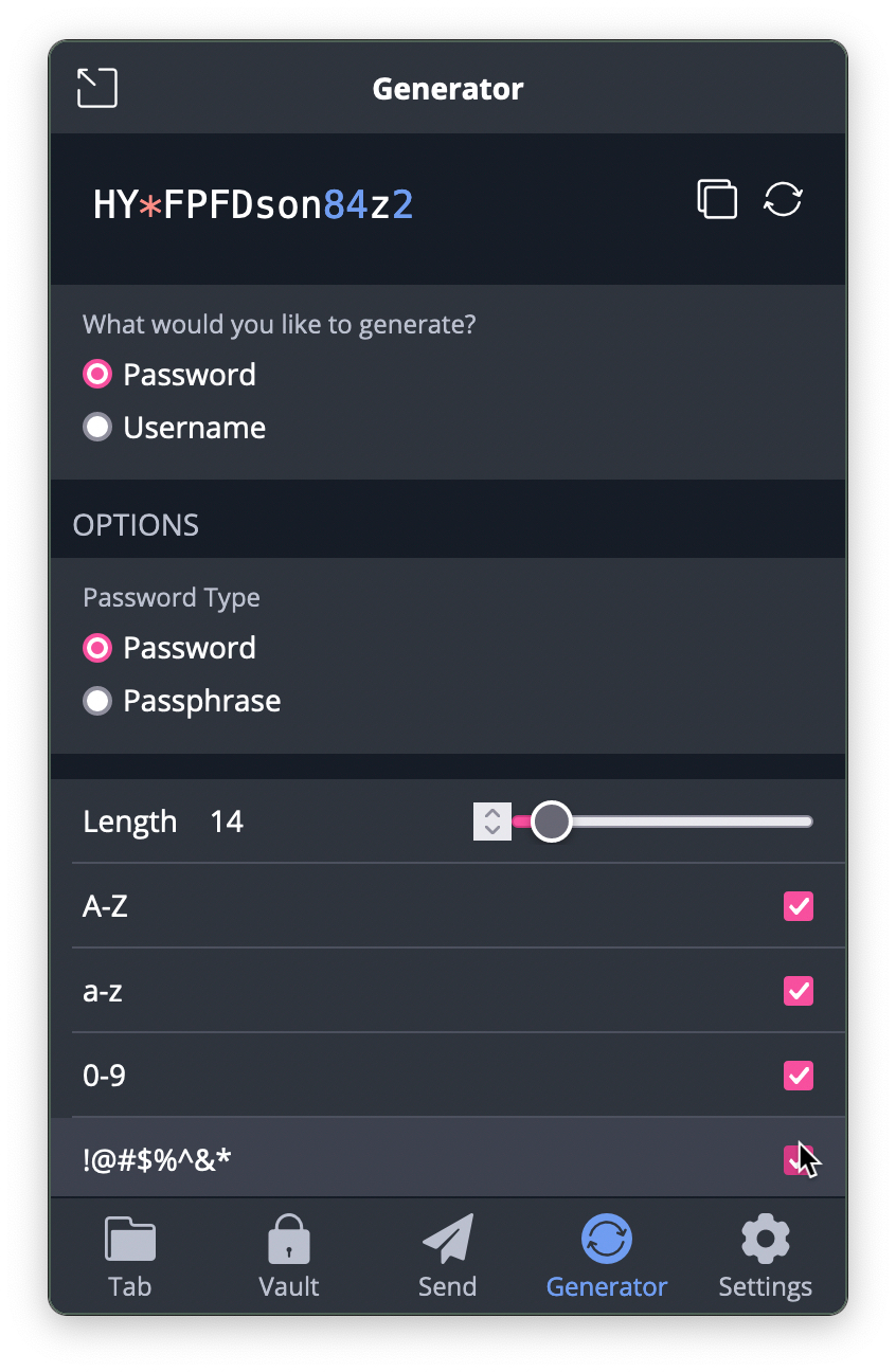 Bitwarden’s password generator interface with the symbols checkbox checked and a password with symbols in it