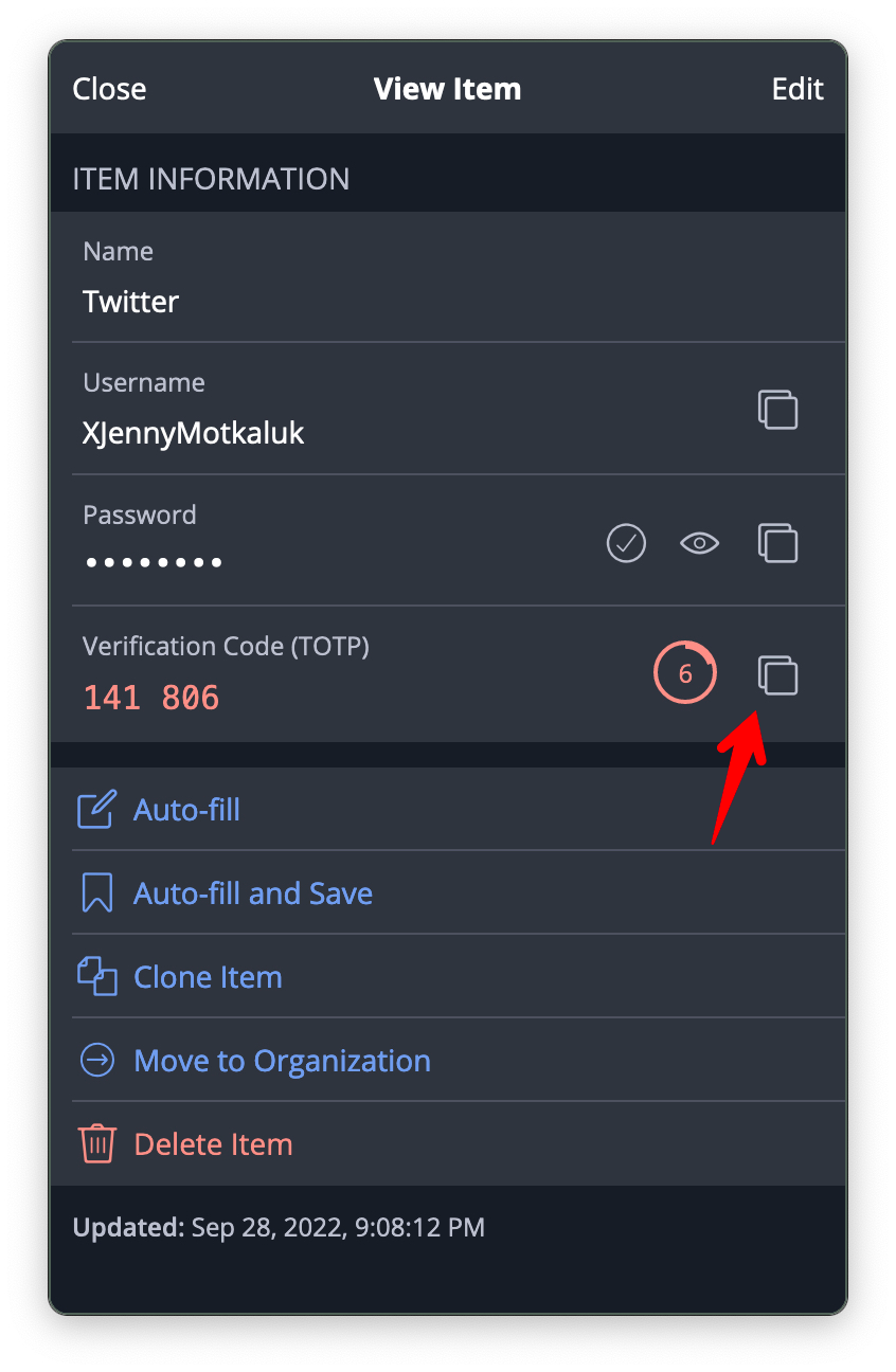 The Bitwarden information for a login item highlighting the button to copy the verification code