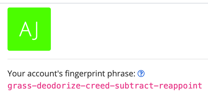 A screenshot of the “account’s fingerprint phrase”