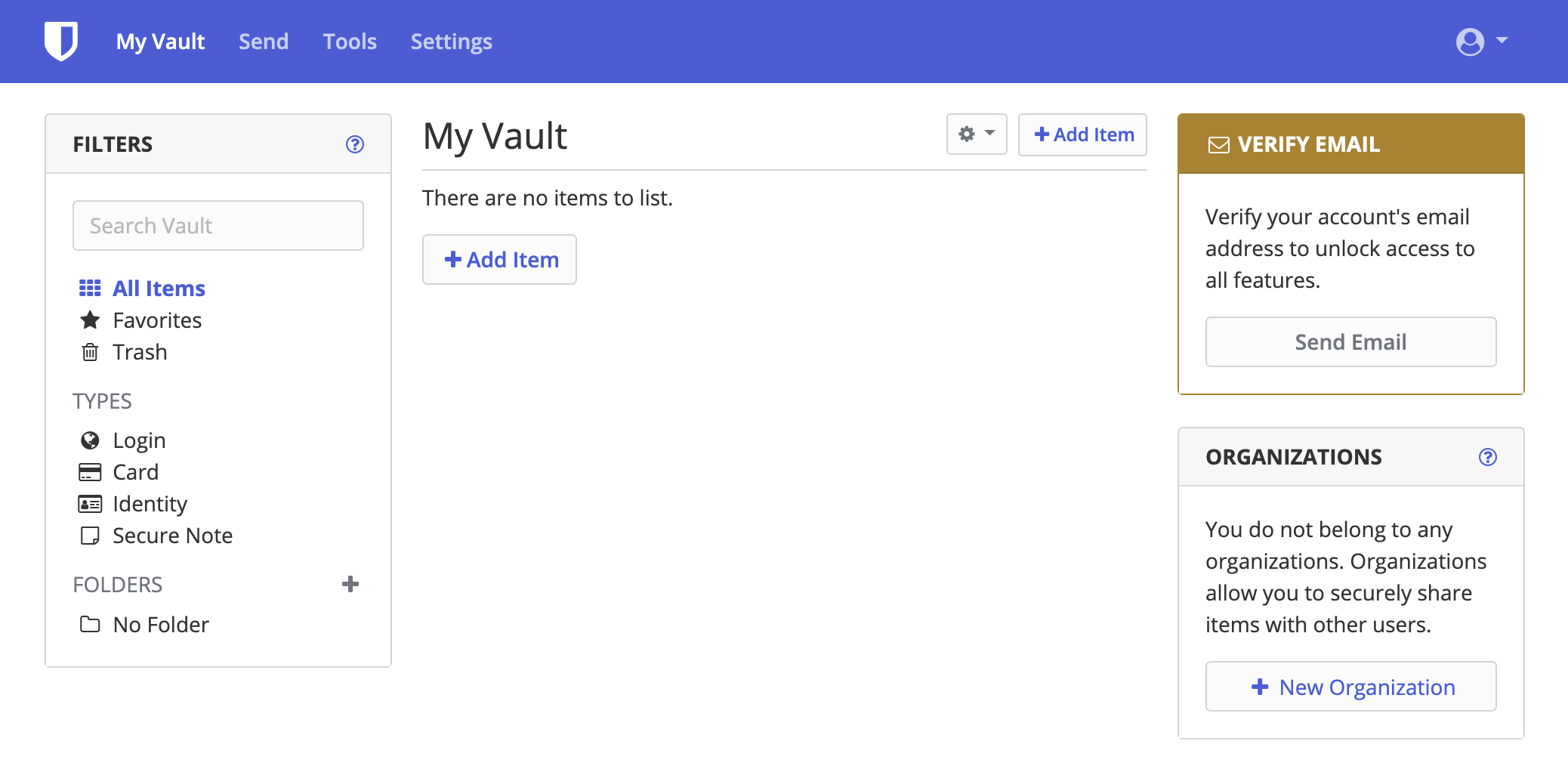 A screenshot of the Vaultwarden UI with an empty vault