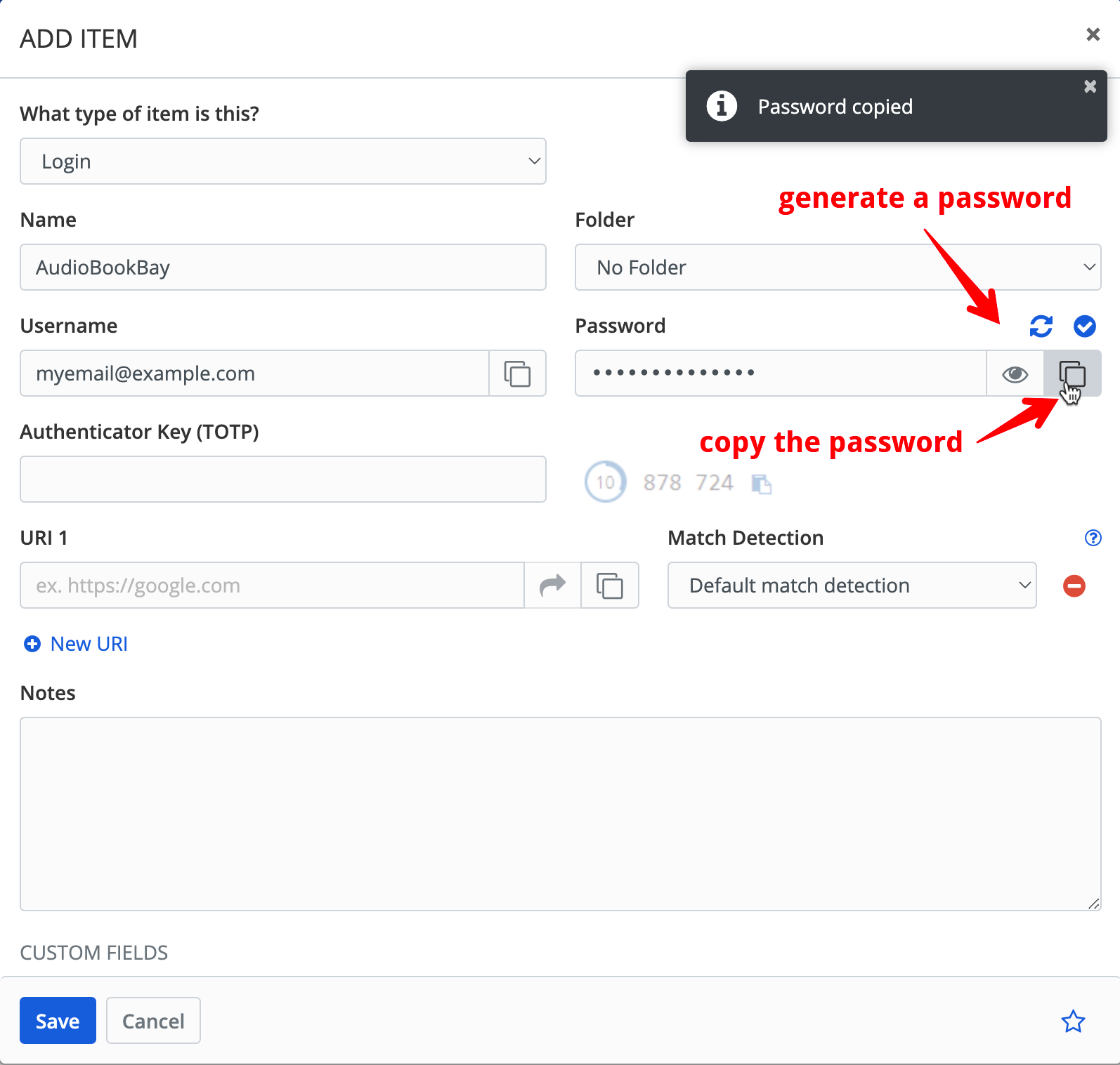 An add item modal with highlights on generating and copying a password