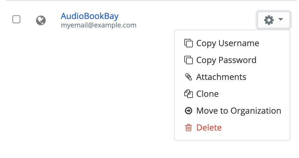 A contextual menu for the AudioBookBay item with Copy Username, Copy Password, and other options