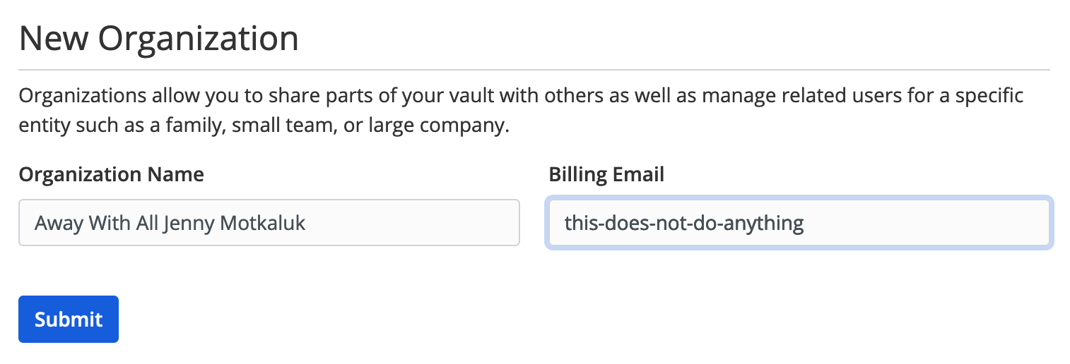 A form to create a new organisation