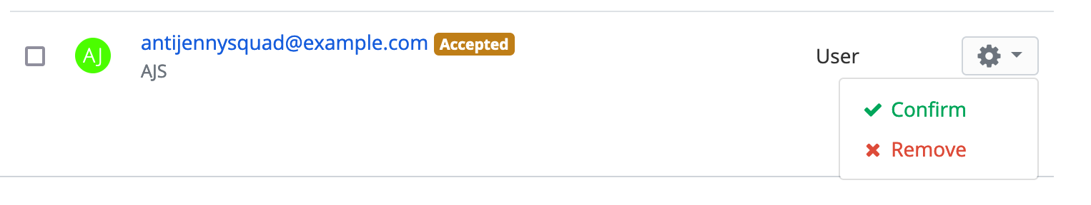 A row showing a newly-accepted user and the contextual menu with Confirm and Remove options