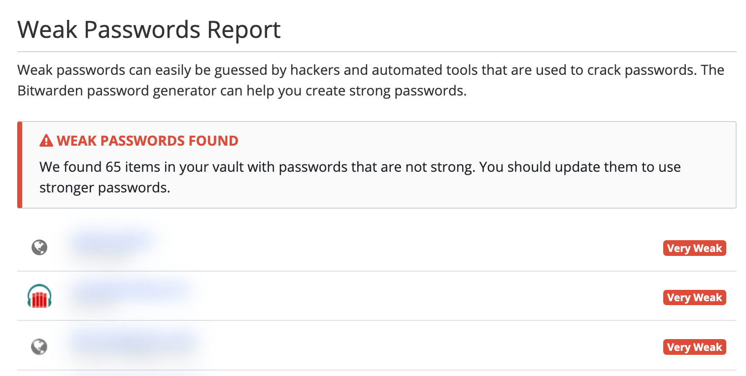 A weak passwords report with blurred accounts