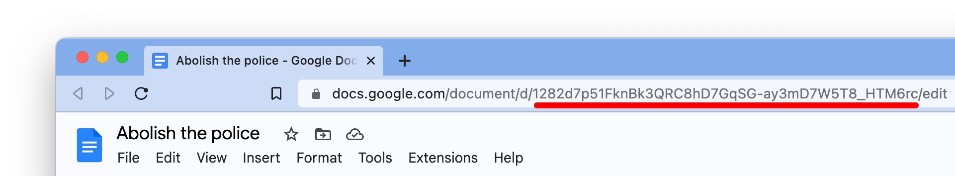 A screenshot of the browser chrome for a Google Docs document with the document id underlined