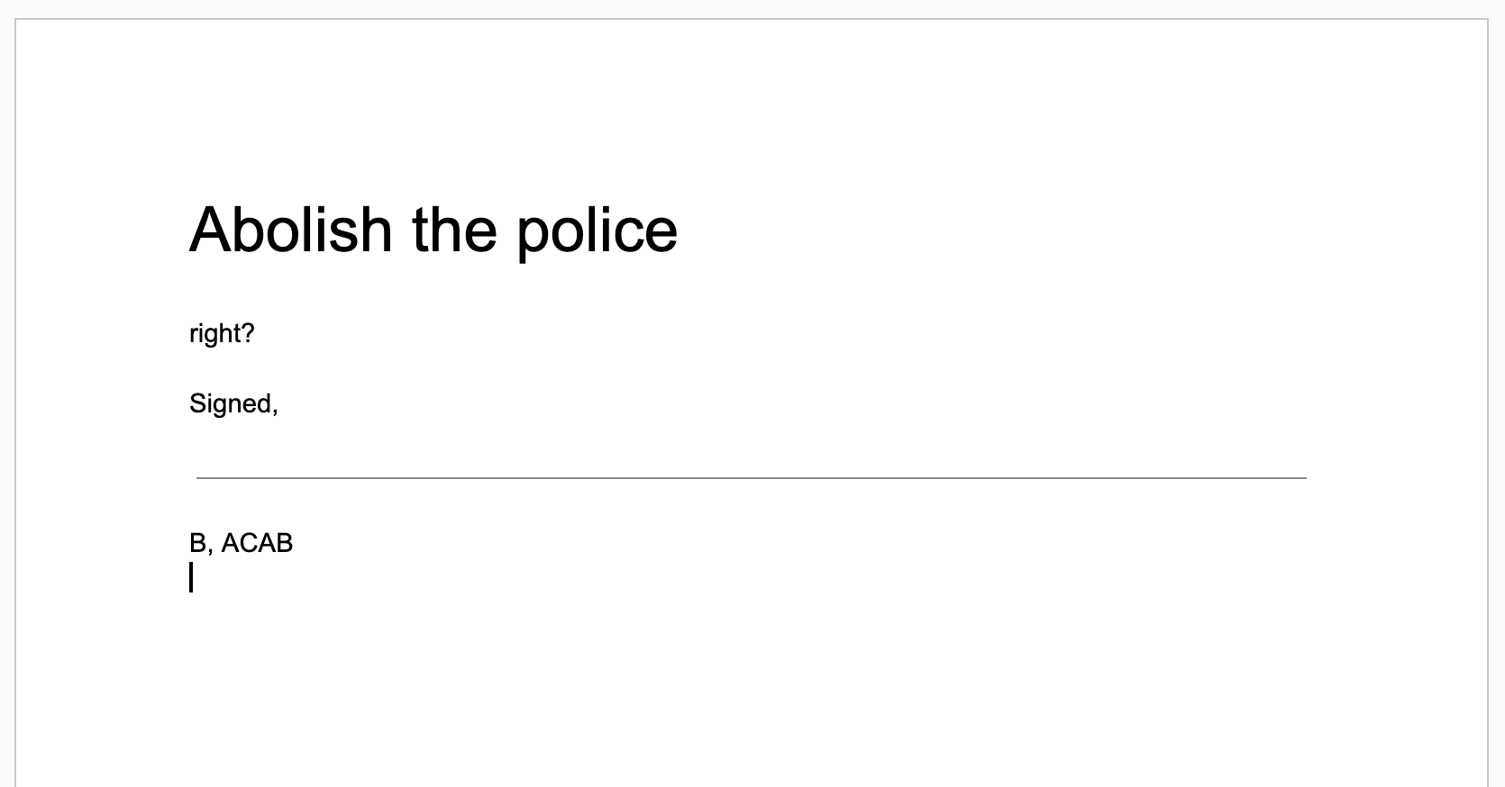 A screenshot of the same Google Docs document from above with a signature below the rule: “B, ACAB”