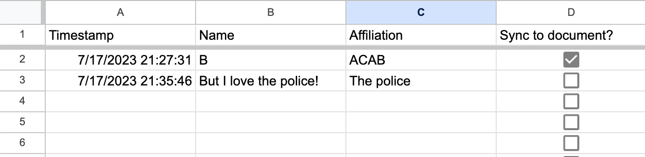 A Google Sheets screenshot with form entries and a “Sync to document” column of checkboxes