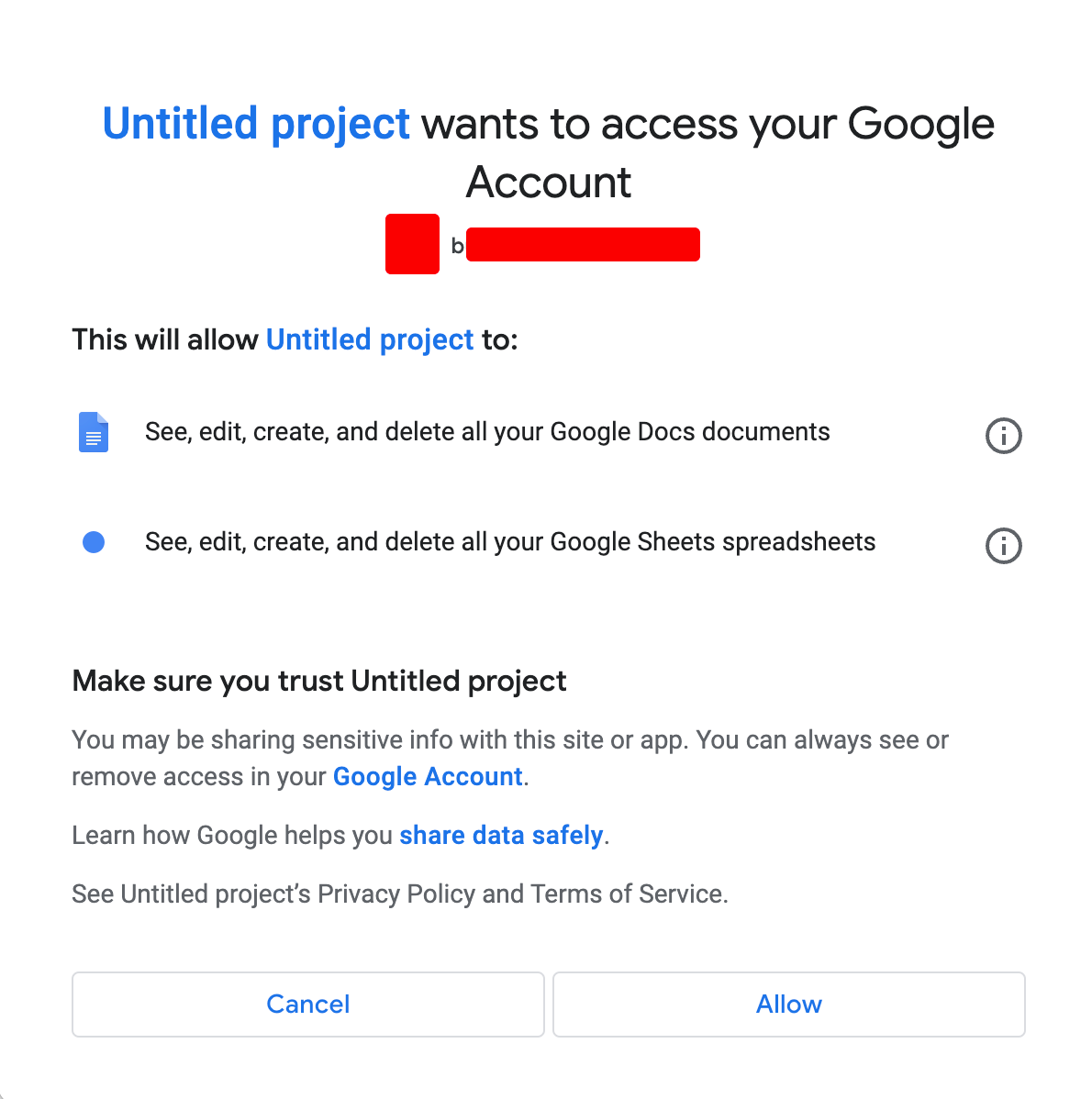A screenshot of a dialogue “Untitled project wants to access your Google Account”